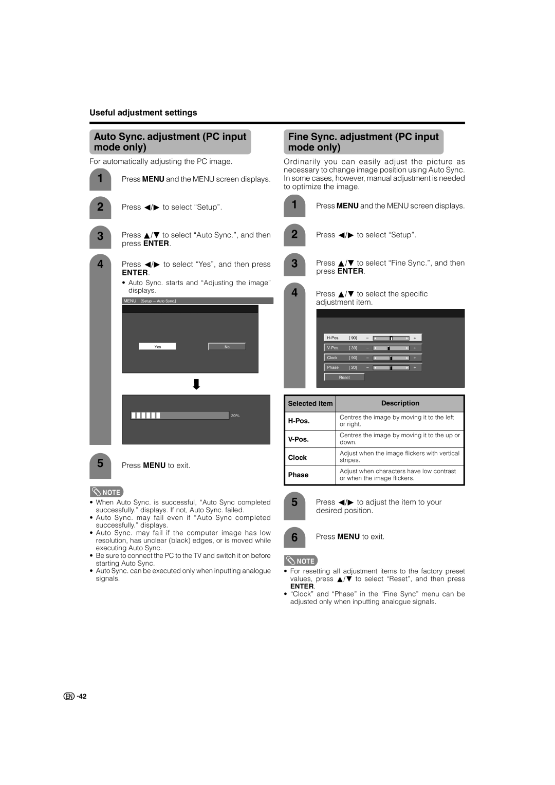 Sharp LC-46GD7X, LC-52GD7X Auto Sync. adjustment PC input mode only, Fine Sync. adjustment PC input mode only 