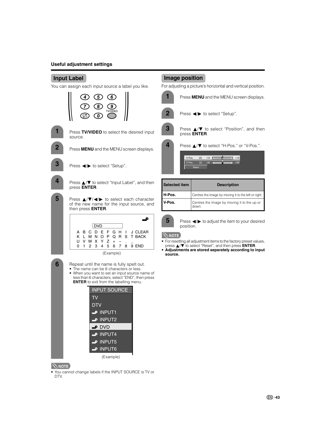 Sharp LC-46GD7X, LC-52GD7X operation manual Input Label, Image position, Repeat until the name is fully spelt out 