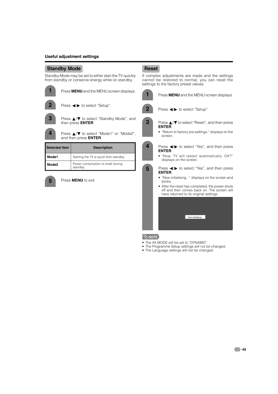 Sharp LC-46GD7X, LC-52GD7X operation manual Standby Mode, Reset, Selected item Description Mode1, Mode2 