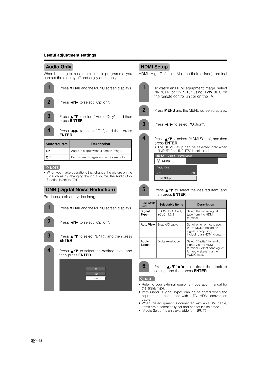 Sharp LC-46GD7X, LC-52GD7X operation manual Audio Only, Hdmi Setup, DNR Digital Noise Reduction 