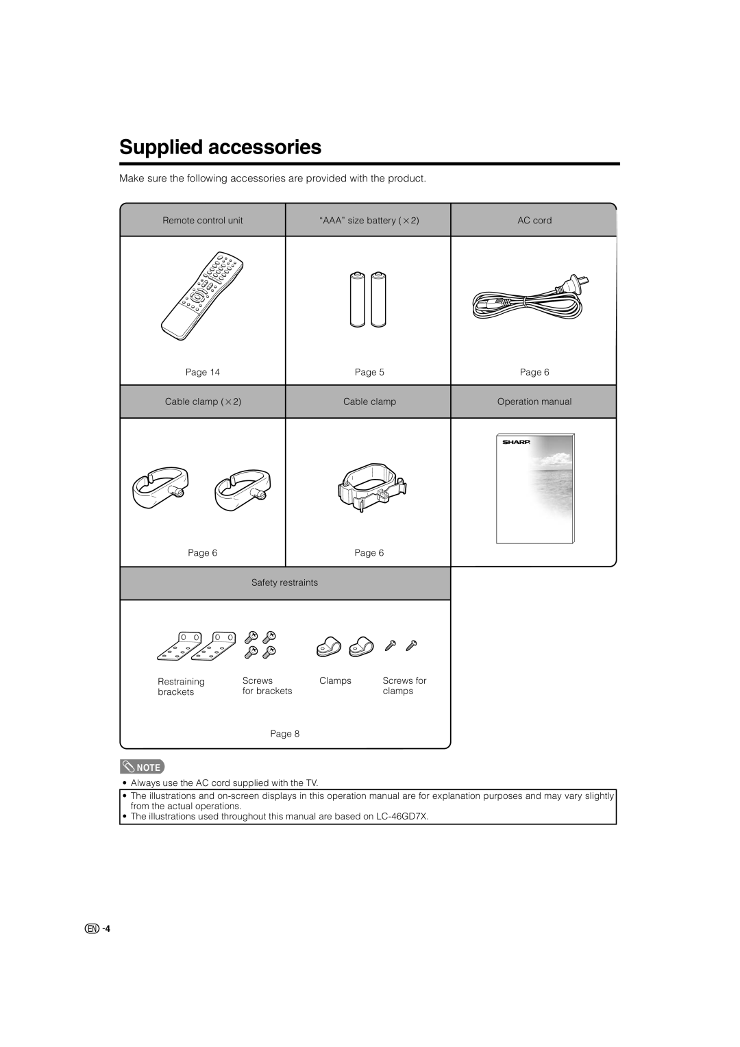 Sharp LC-46GD7X, LC-52GD7X operation manual Supplied accessories 