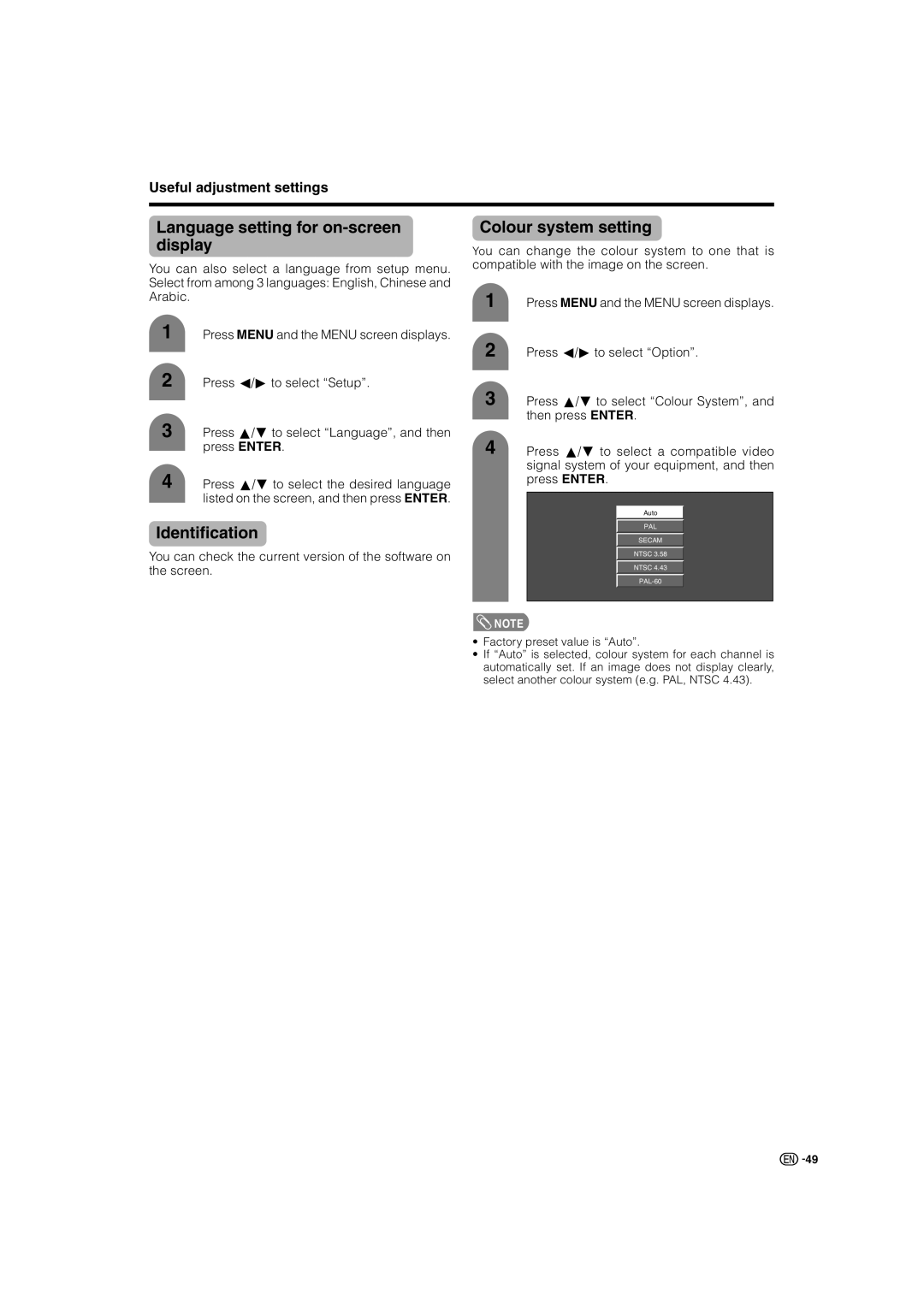 Sharp LC-46GD7X, LC-52GD7X operation manual Language setting for on-screen display, Identification, Colour system setting 