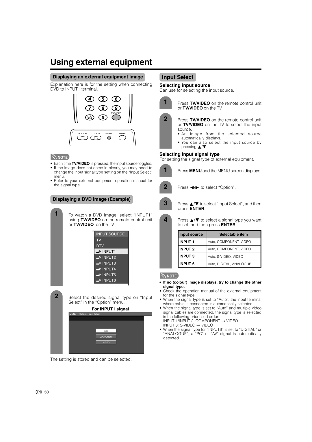 Sharp LC-46GD7X, LC-52GD7X operation manual Using external equipment, Input Select 