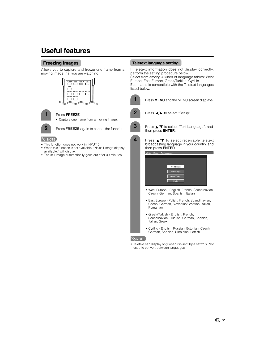 Sharp LC-46GD7X, LC-52GD7X operation manual Useful features, Freezing images, Teletext language setting 