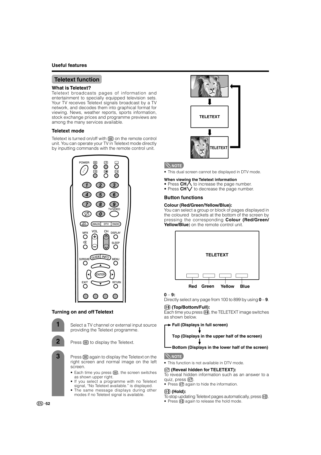 Sharp LC-46GD7X, LC-52GD7X operation manual Teletext function 