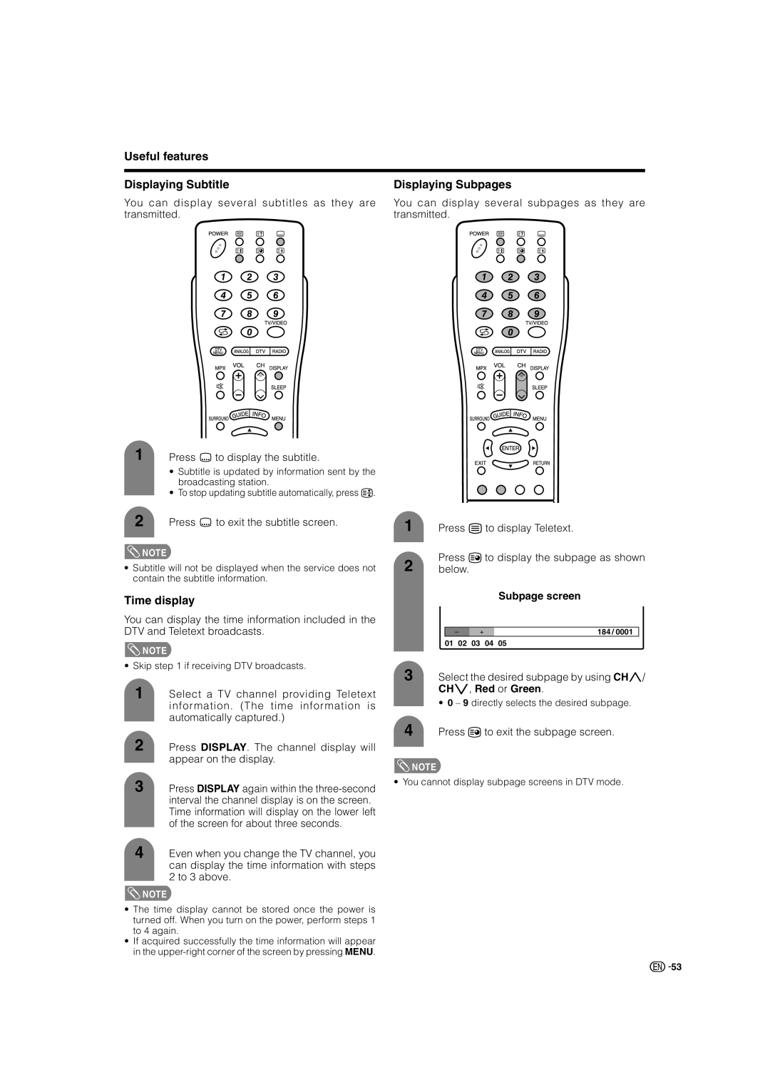 Sharp LC-46GD7X, LC-52GD7X Useful features Displaying Subtitle, Displaying Subpages, Time display, Subpage screen 