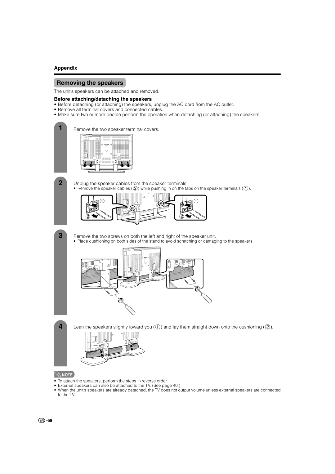 Sharp LC-46GD7X, LC-52GD7X operation manual Removing the speakers, Before attaching/detaching the speakers 