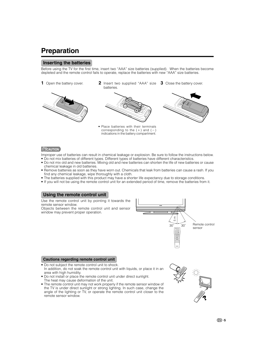 Sharp LC-46GD7X, LC-52GD7X operation manual Preparation, Inserting the batteries, Using the remote control unit 