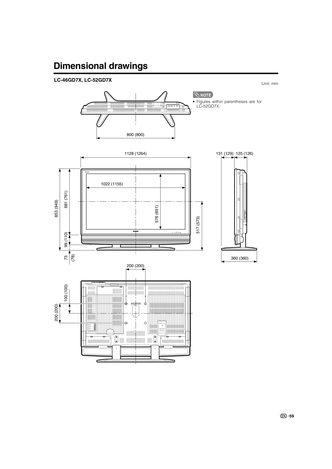 Sharp LC-46GD7X, LC-52GD7X operation manual Dimensional drawings 