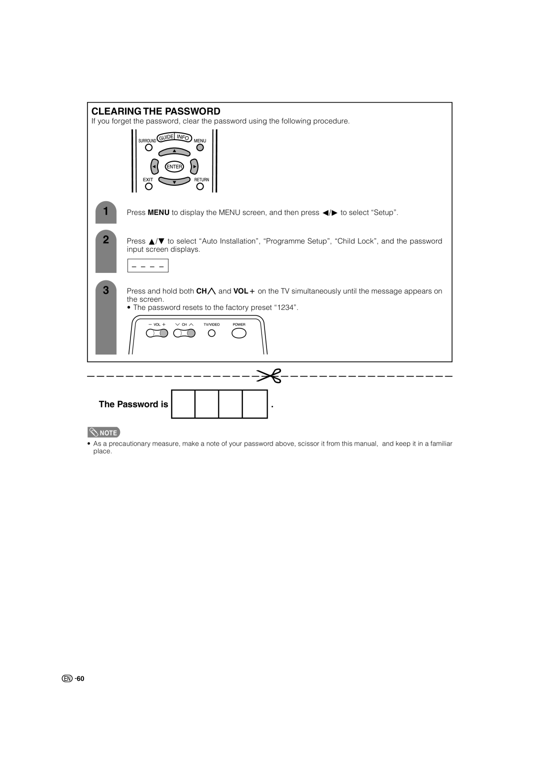 Sharp LC-46GD7X, LC-52GD7X operation manual Clearing the Password 