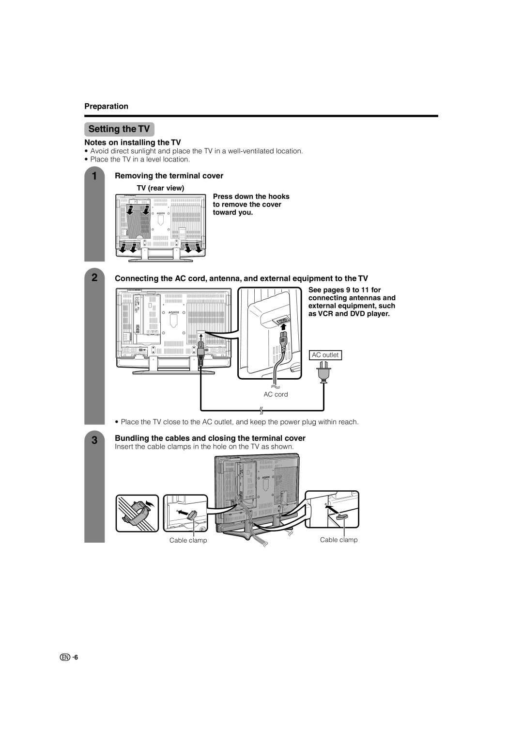 Sharp LC-46GD7X, LC-52GD7X operation manual Setting the TV, Preparation, Removing the terminal cover 