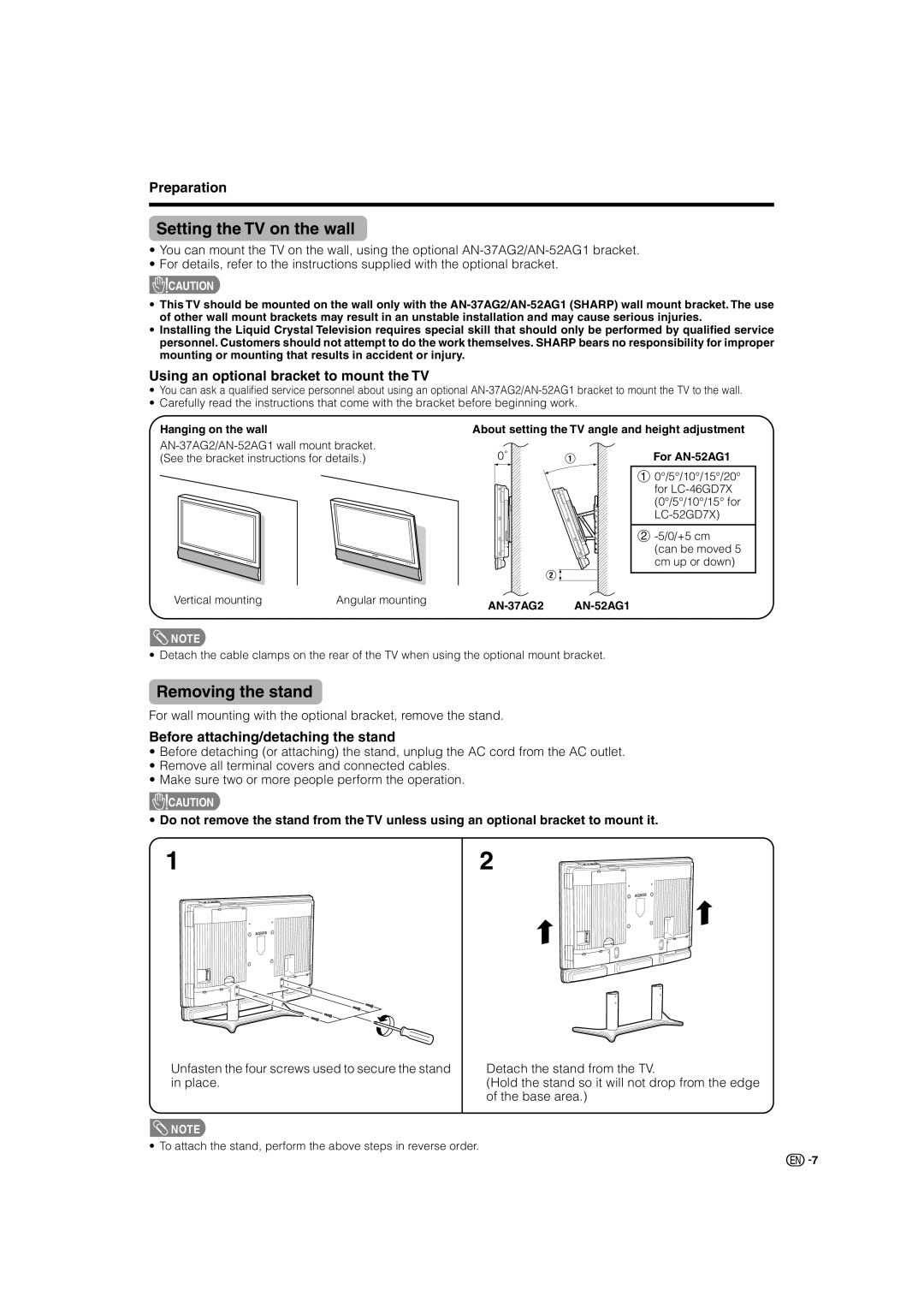 Sharp LC-46GD7X, LC-52GD7X Setting the TV on the wall, Removing the stand, Using an optional bracket to mount the TV 