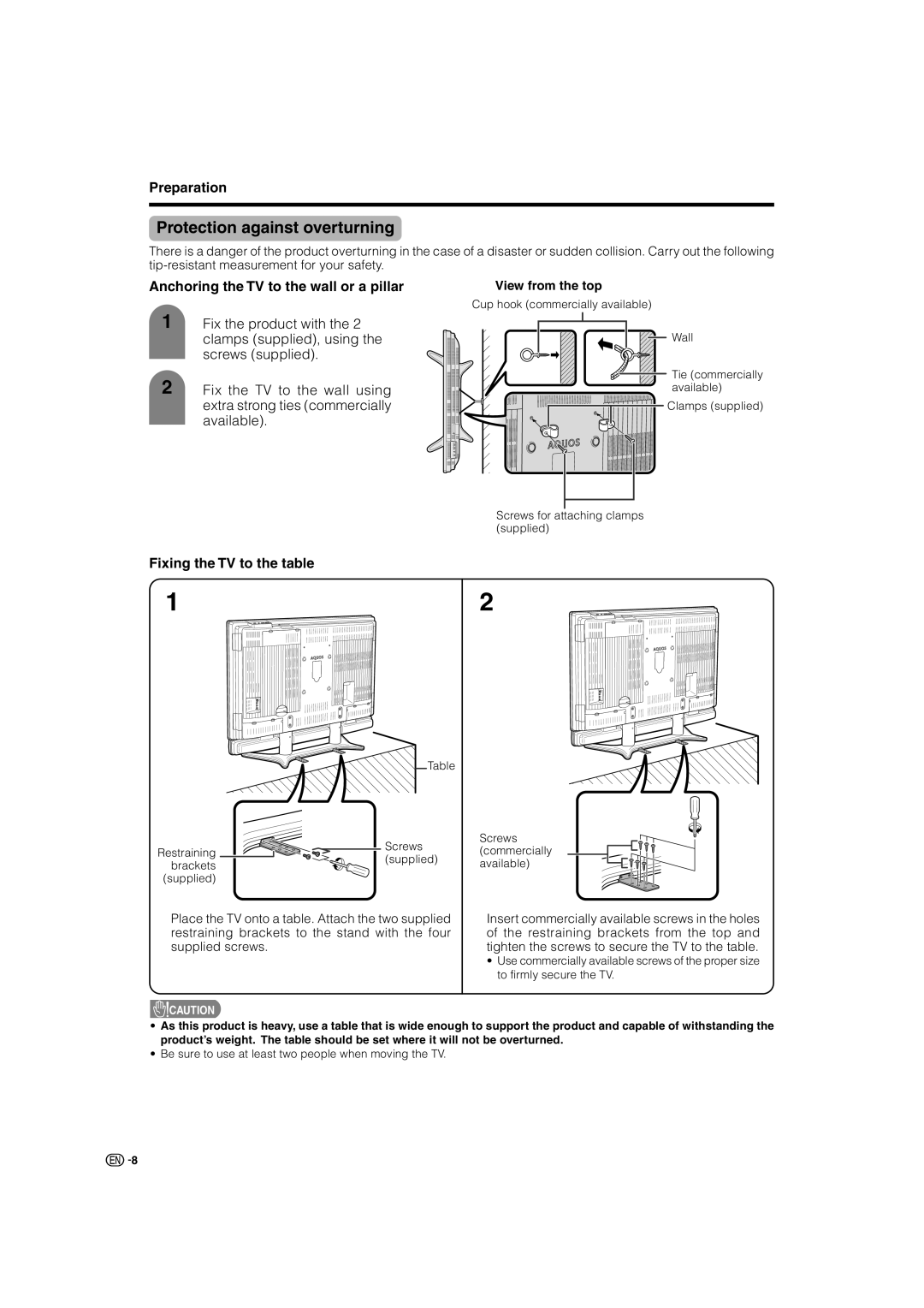 Sharp LC-46GD7X, LC-52GD7X Protection against overturning, Anchoring the TV to the wall or a pillar, View from the top 