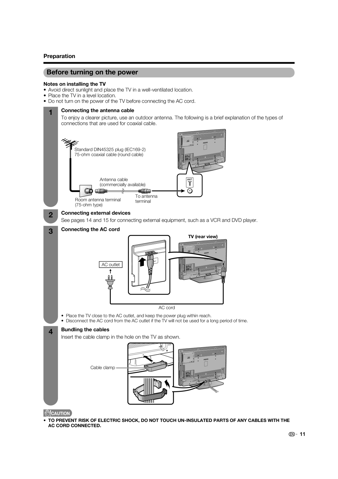 Sharp LC-46LB700X operation manual Before turning on the power, Connecting the antenna cable, Connecting external devices 