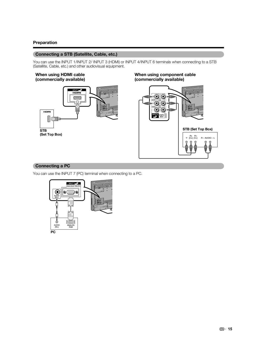 Sharp LC-46LB700X Preparation Connecting a STB Satellite, Cable, etc, Connecting a PC, Set Top Box STB Set Top Box 