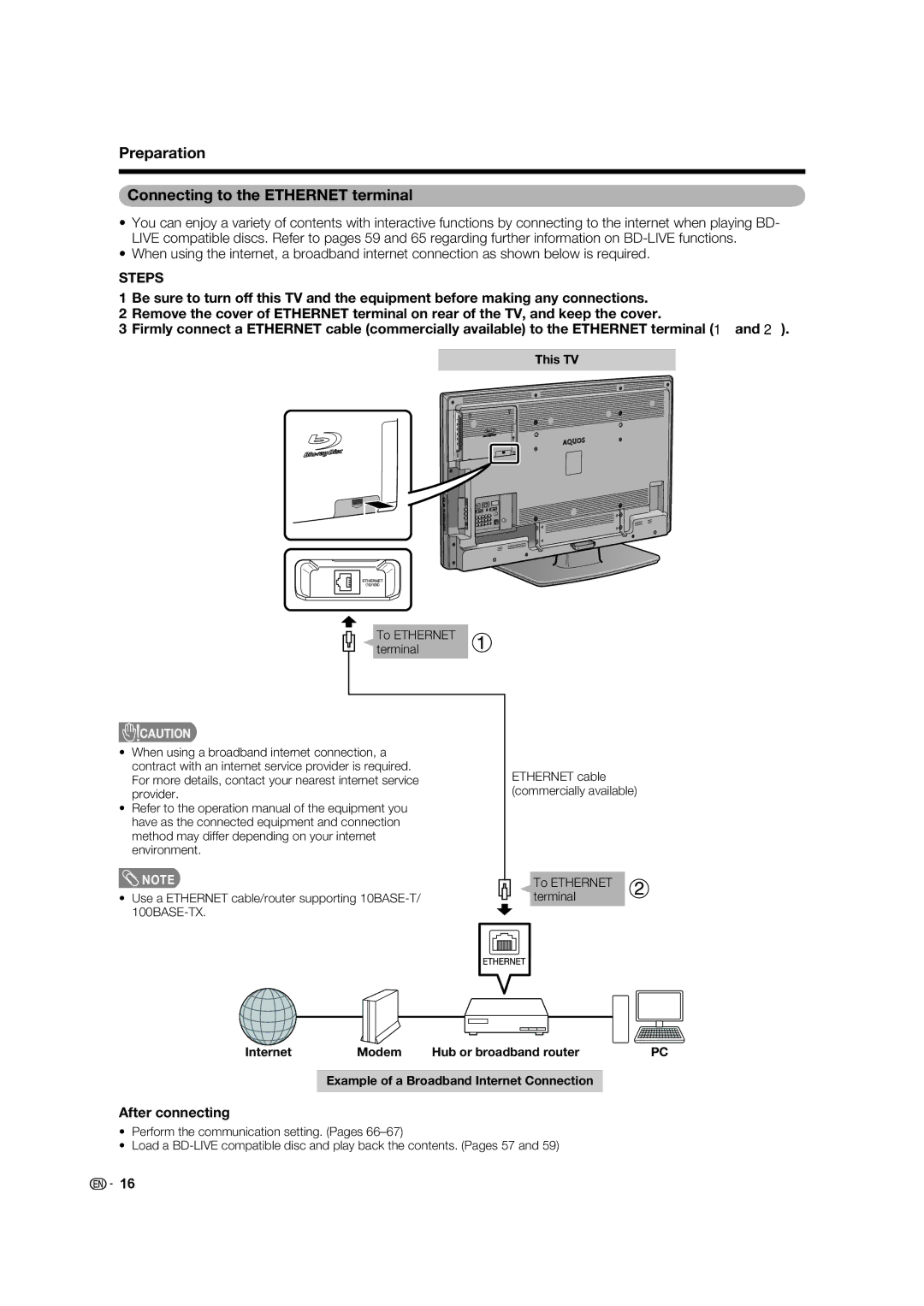 Sharp LC-46LB700X Preparation Connecting to the Ethernet terminal, After connecting, This TV, To Ethernet terminal 