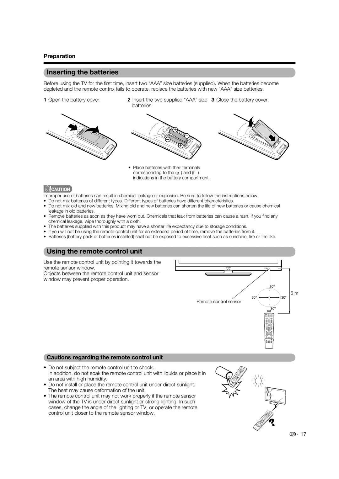 Sharp LC-46LB700X operation manual Inserting the batteries, Using the remote control unit, Remote control sensor 