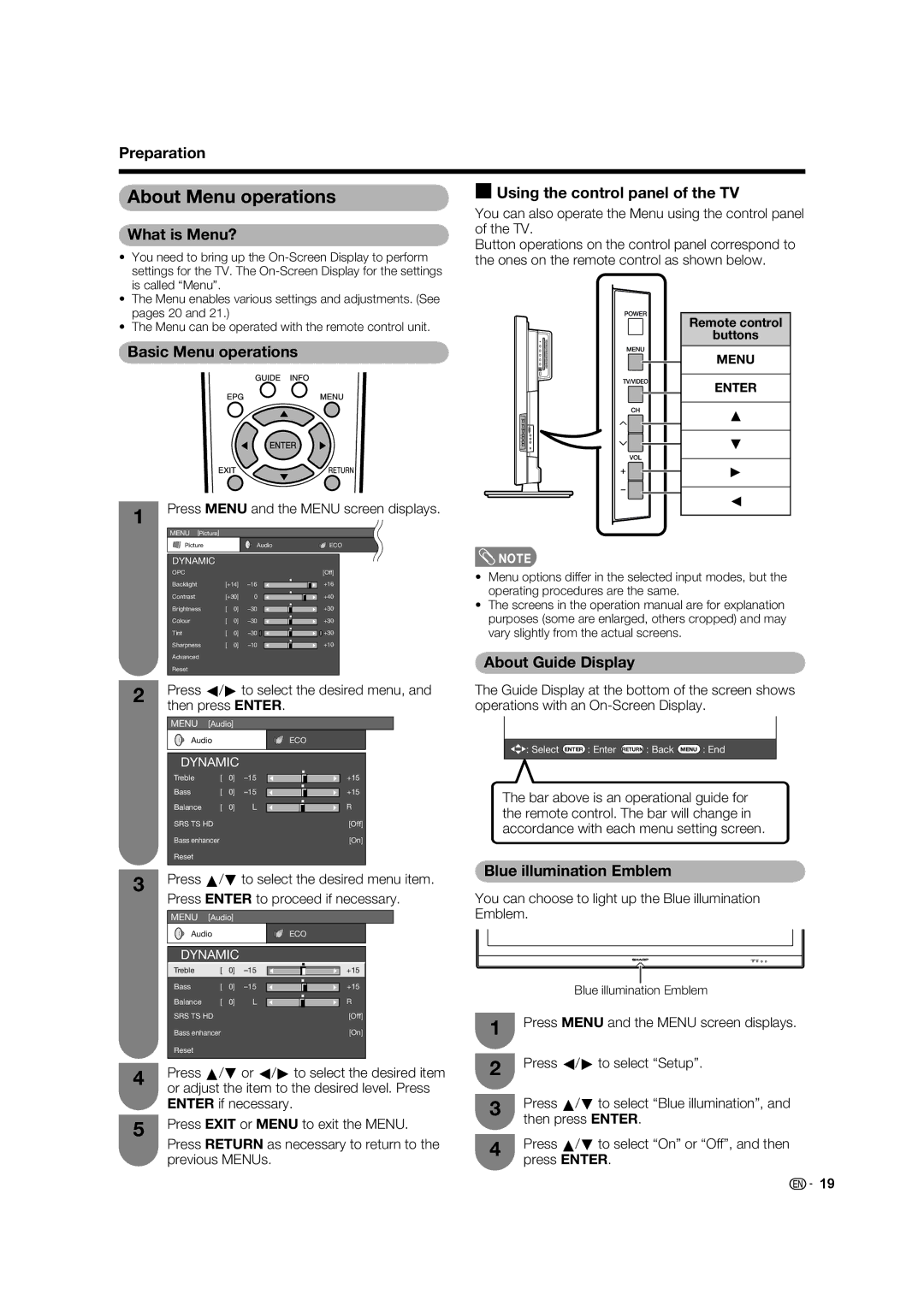 Sharp LC-46LB700X About Menu operations, Using the control panel of the TV What is Menu?, Basic Menu operations 