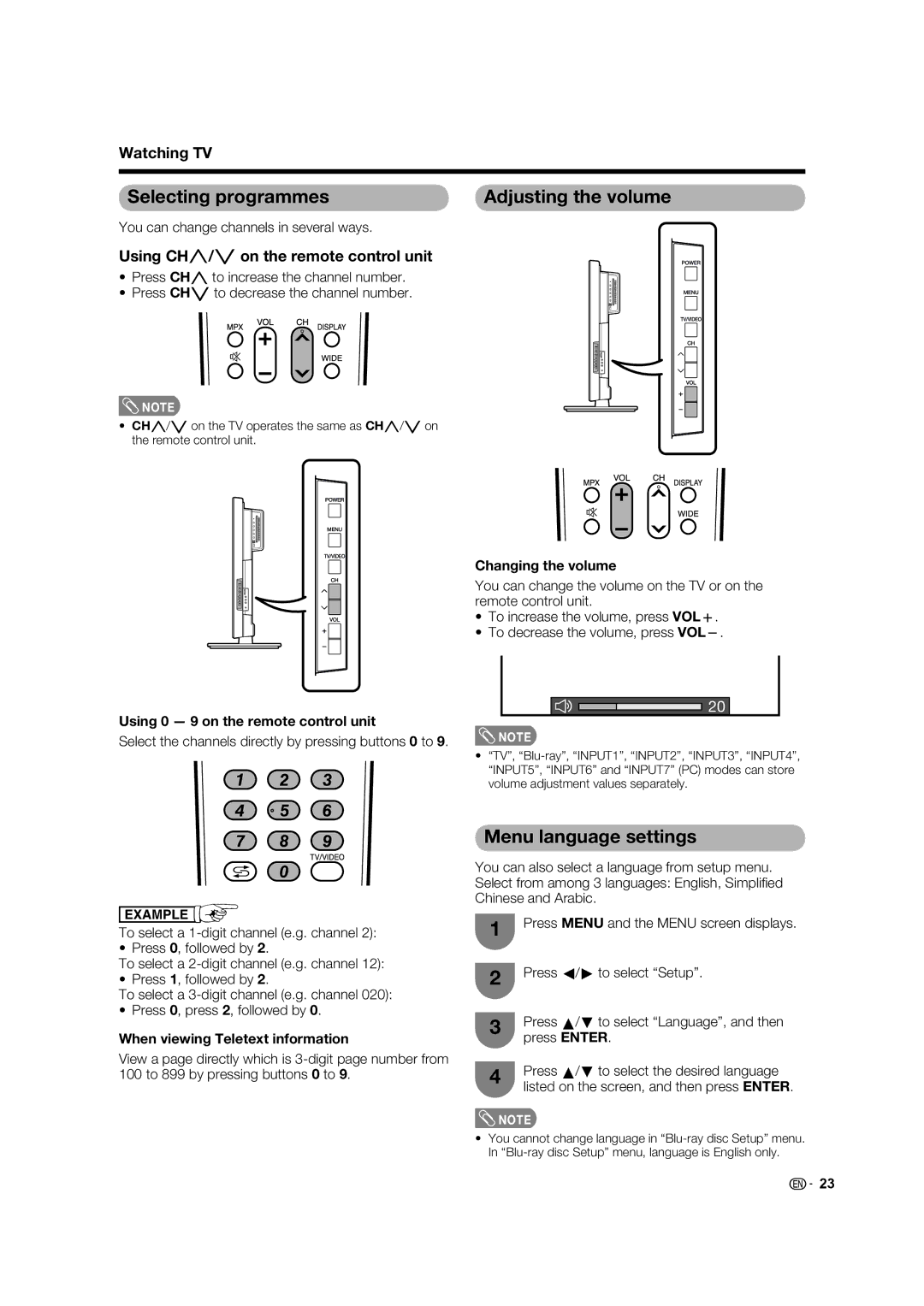 Sharp LC-46LB700X operation manual Selecting programmes Adjusting the volume, Menu language settings, Watching TV 