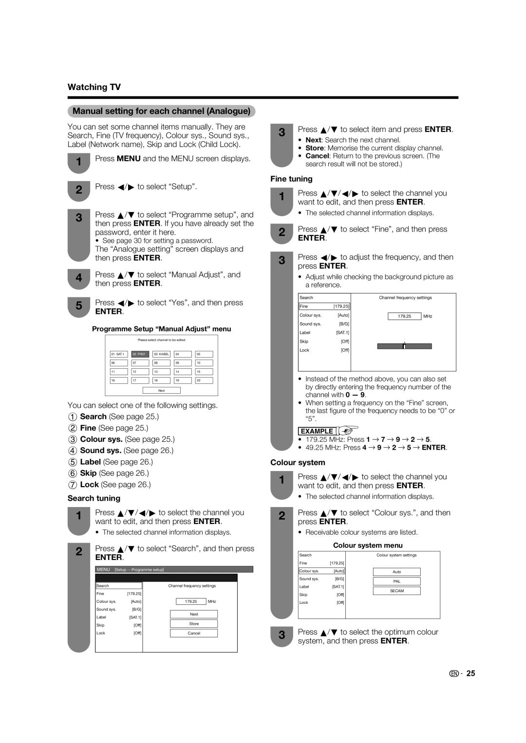 Sharp LC-46LB700X Watching TV Manual setting for each channel Analogue, Fine tuning, Colour sys. See, Search tuning 