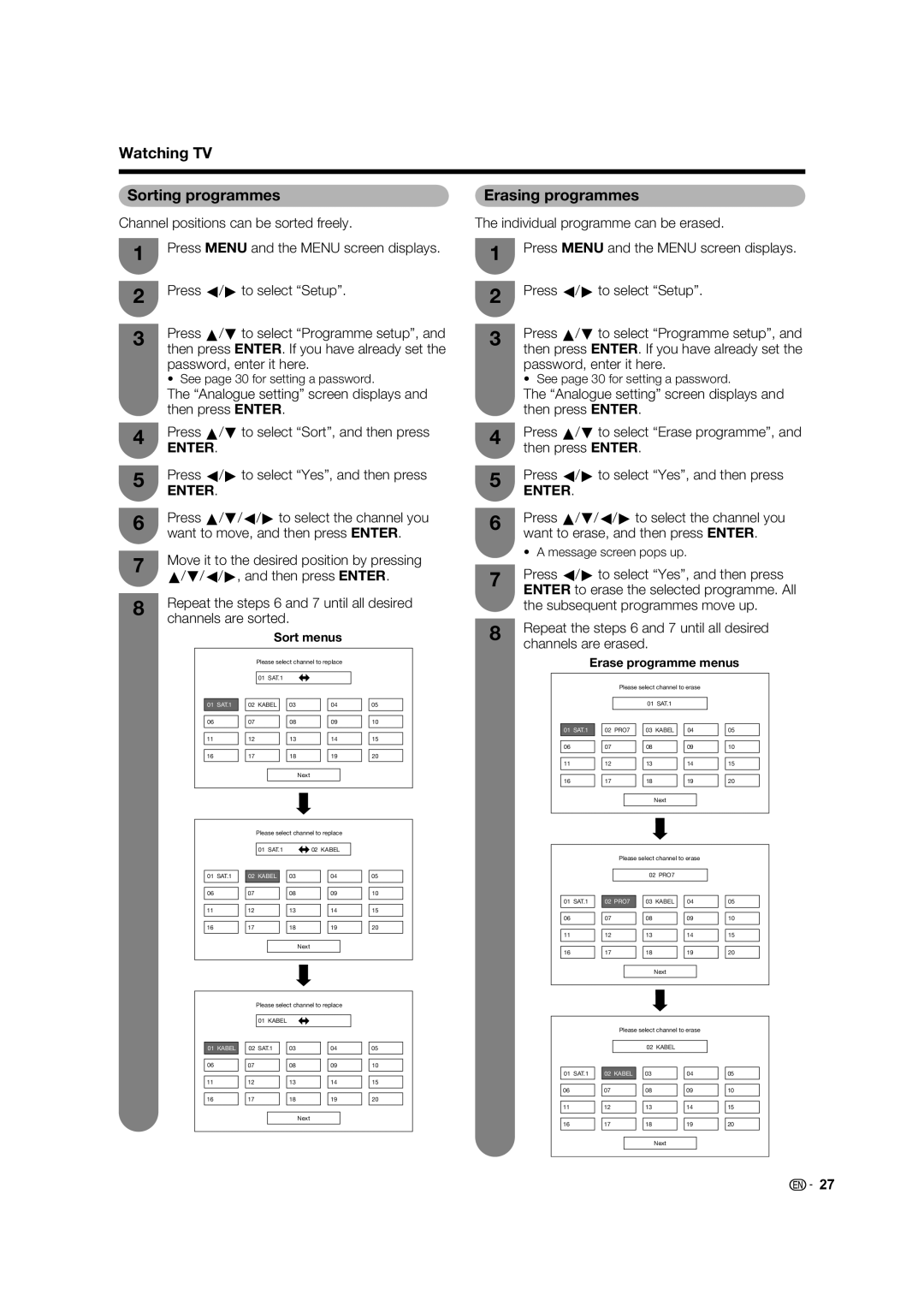 Sharp LC-46LB700X operation manual Watching TV Sorting programmes, Erasing programmes 