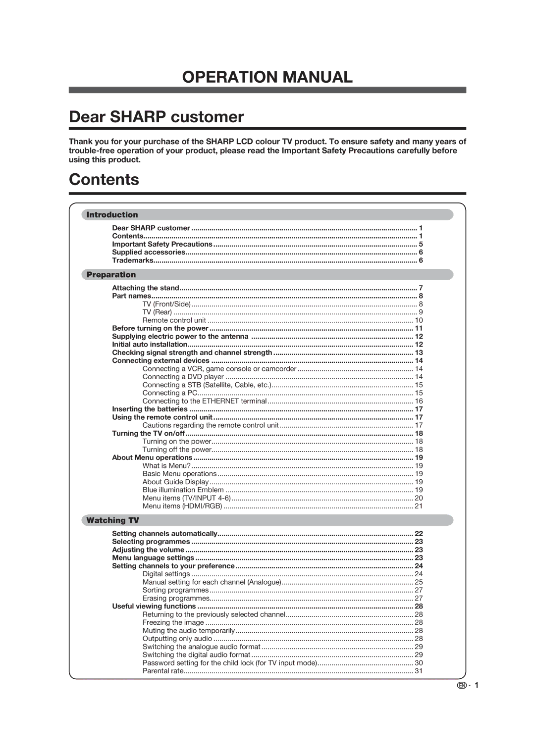 Sharp LC-46LB700X operation manual Dear Sharp customer, Contents 