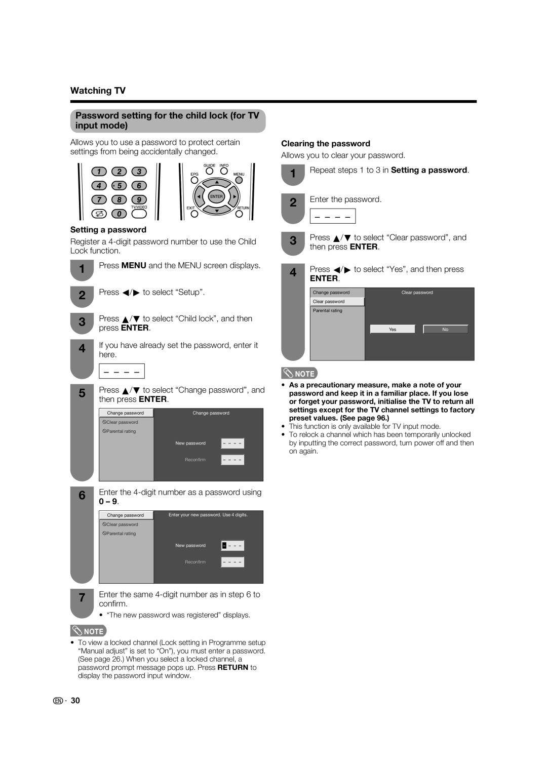 Sharp LC-46LB700X Setting a password, Clearing the password, Press a/b to select Change password, and then press Enter 