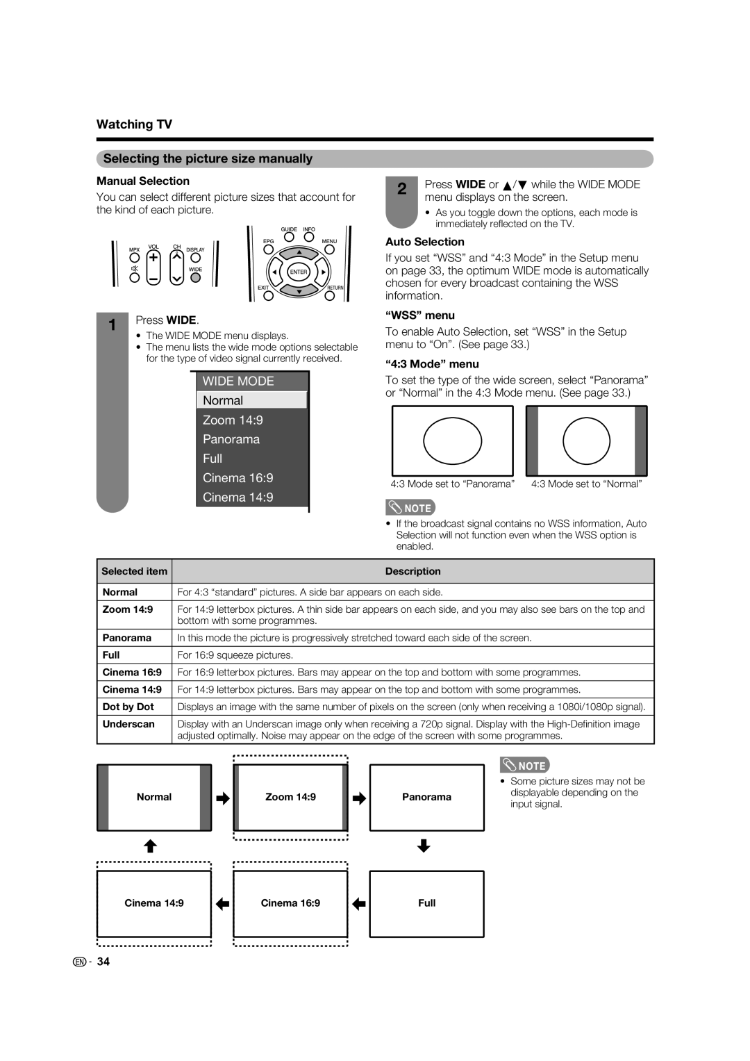 Sharp LC-46LB700X Watching TV Selecting the picture size manually, Manual Selection, Auto Selection, WSS menu, Mode menu 