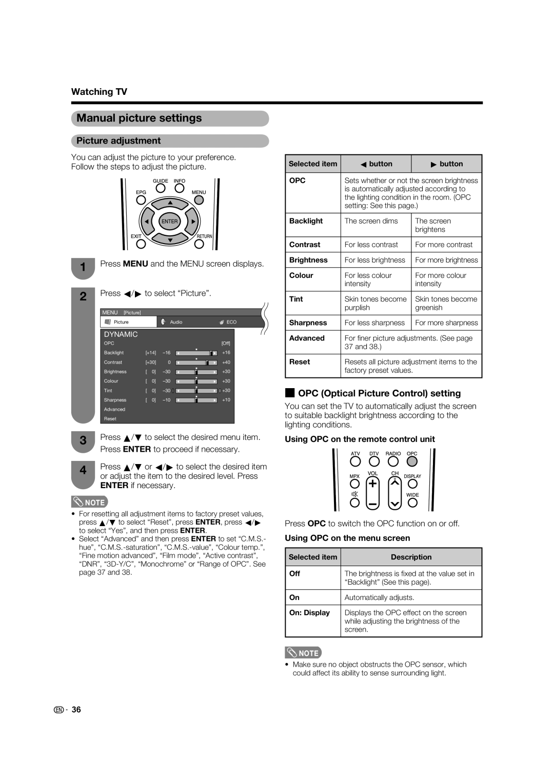 Sharp LC-46LB700X operation manual Manual picture settings, Picture adjustment, Using OPC on the remote control unit 