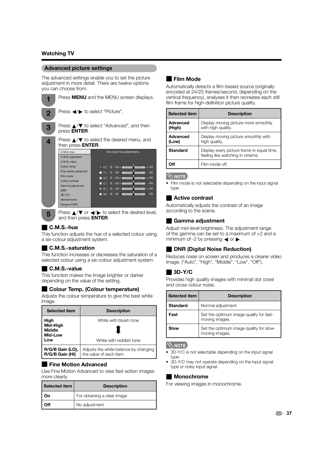 Sharp LC-46LB700X Watching TV Advanced picture settings, Film Mode, Active contrast, Gamma adjustment M.S.-hue, M.S.-value 