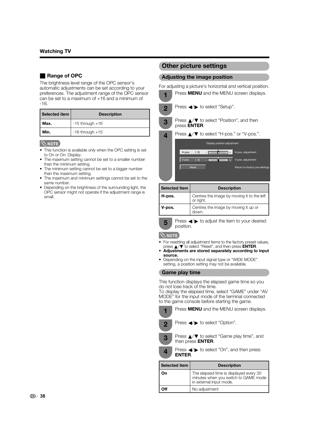 Sharp LC-46LB700X operation manual Other picture settings, Range of OPC, Adjusting the image position, Game play time 