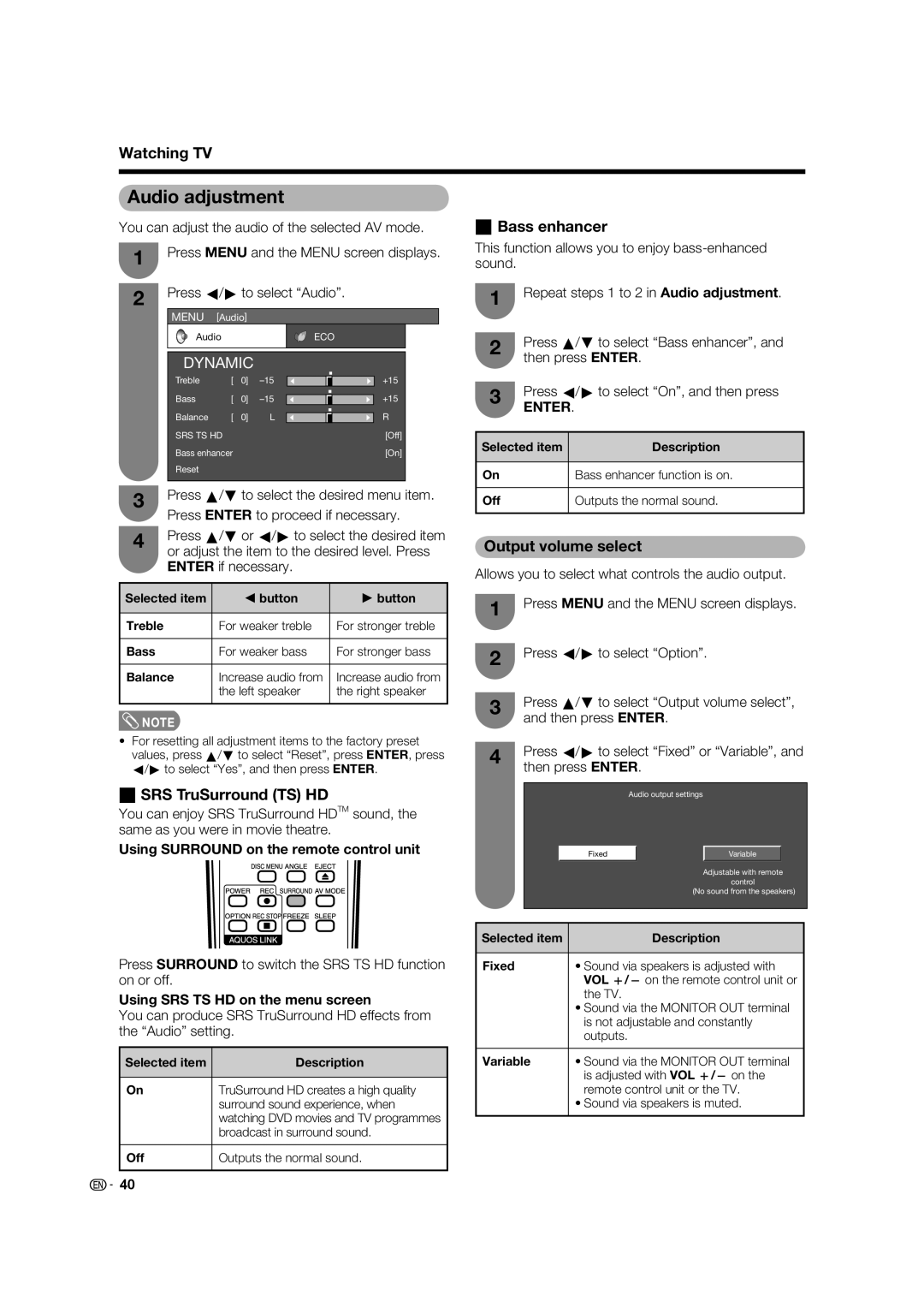 Sharp LC-46LB700X operation manual Audio adjustment, Bass enhancer, Output volume select, SRS TruSurround TS HD 