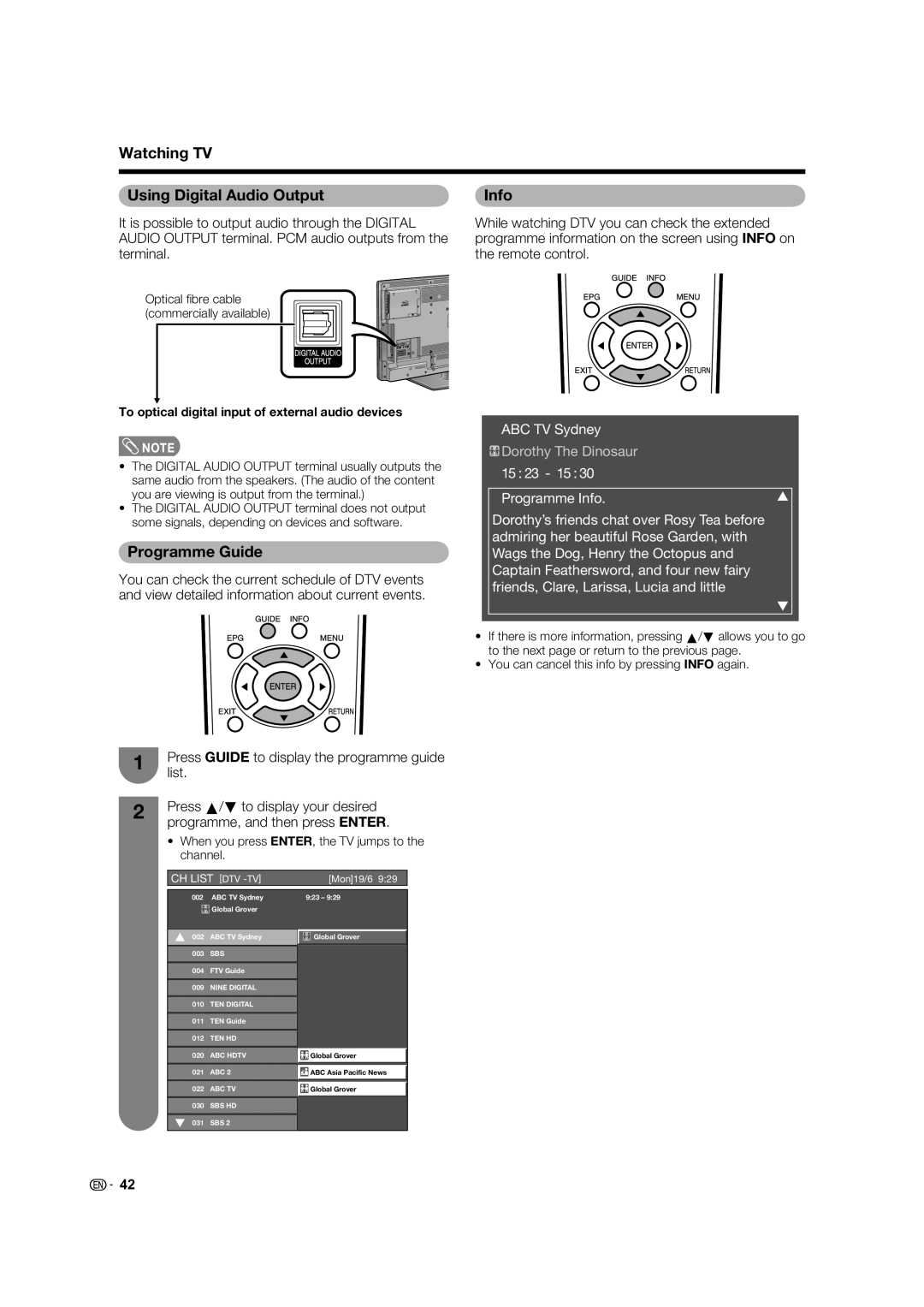 Sharp LC-46LB700X operation manual Watching TV Using Digital Audio Output Info, Programme Guide 