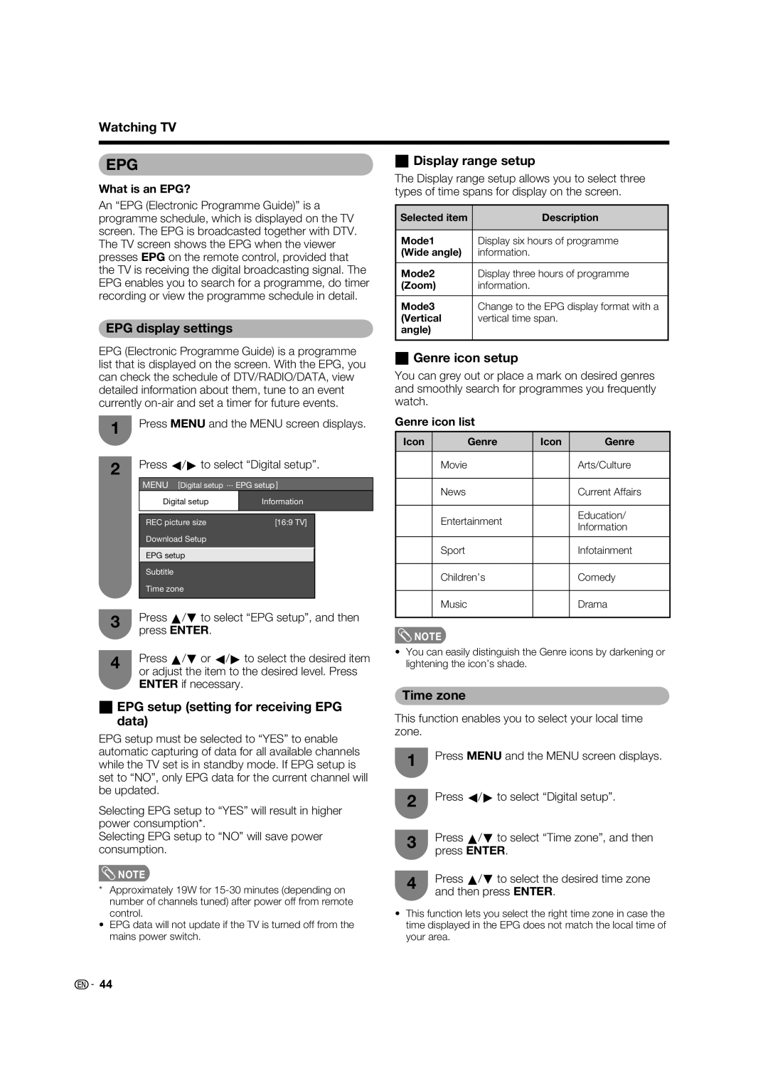 Sharp LC-46LB700X EPG display settings, Display range setup, Genre icon setup, EPG setup setting for receiving EPG data 