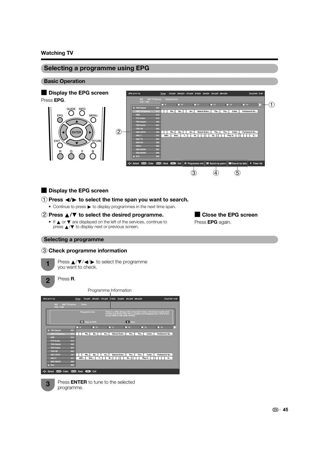 Sharp LC-46LB700X operation manual Selecting a programme using EPG, Basic Operation Display the EPG screen 