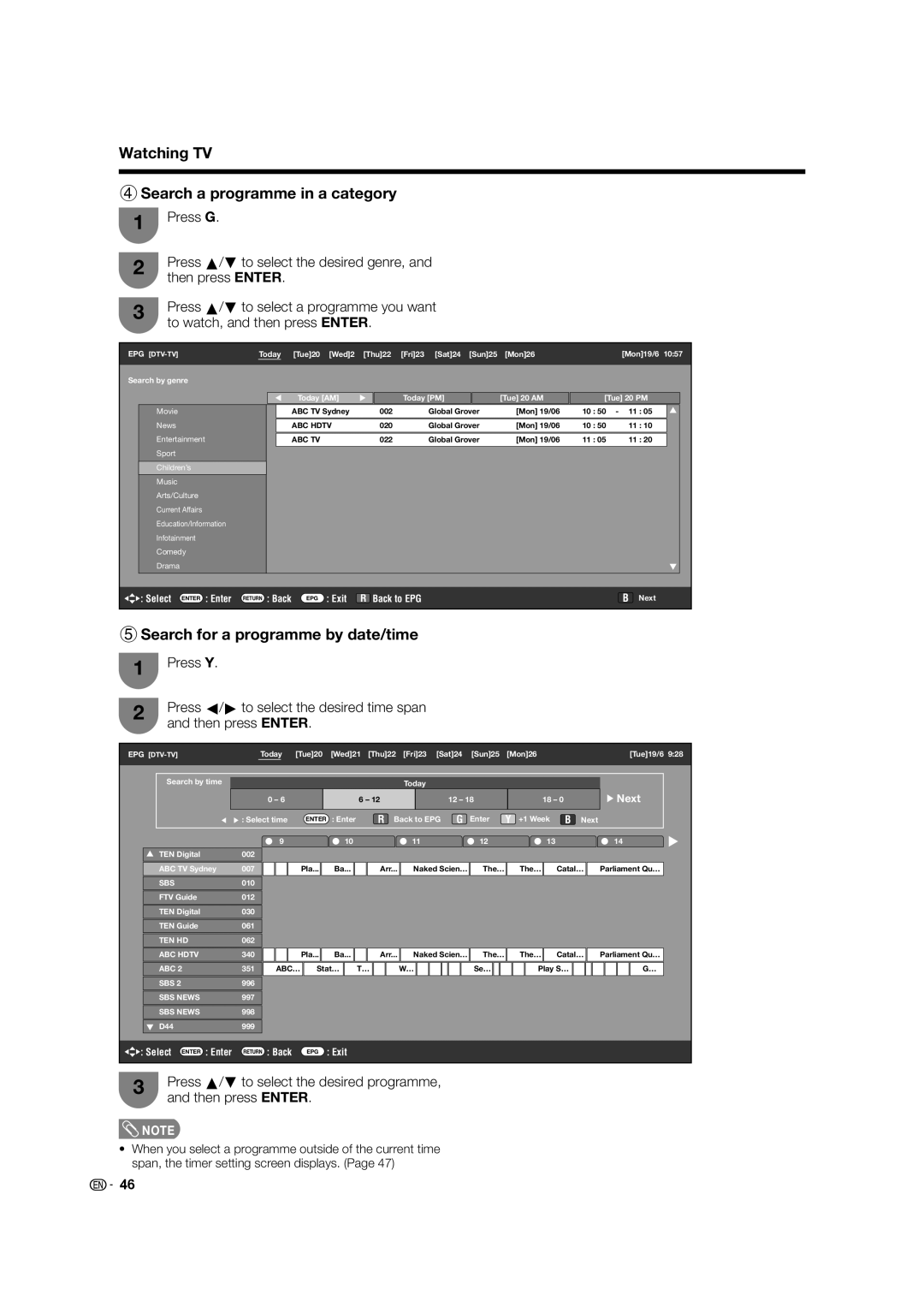 Sharp LC-46LB700X operation manual Watching TV 4Search a programme in a category, 5Search for a programme by date/time 