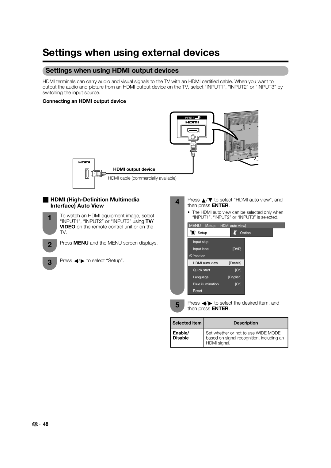 Sharp LC-46LB700X operation manual Settings when using external devices, Settings when using Hdmi output devices 