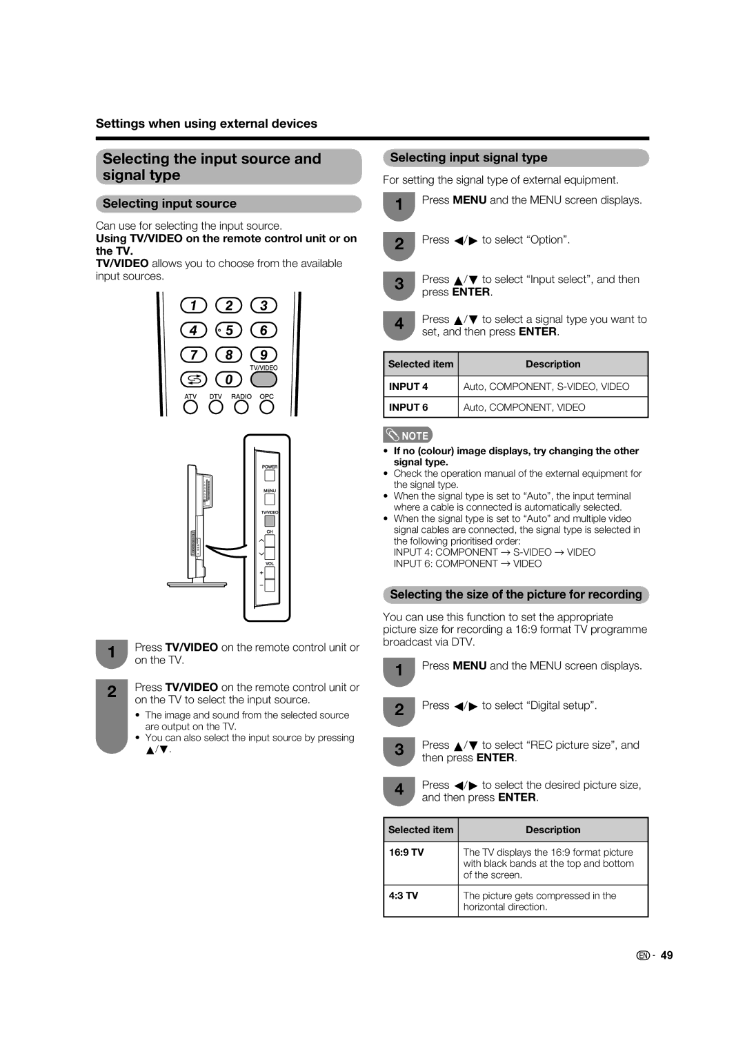 Sharp LC-46LB700X Selecting the input source and signal type, Settings when using external devices, Selecting input source 