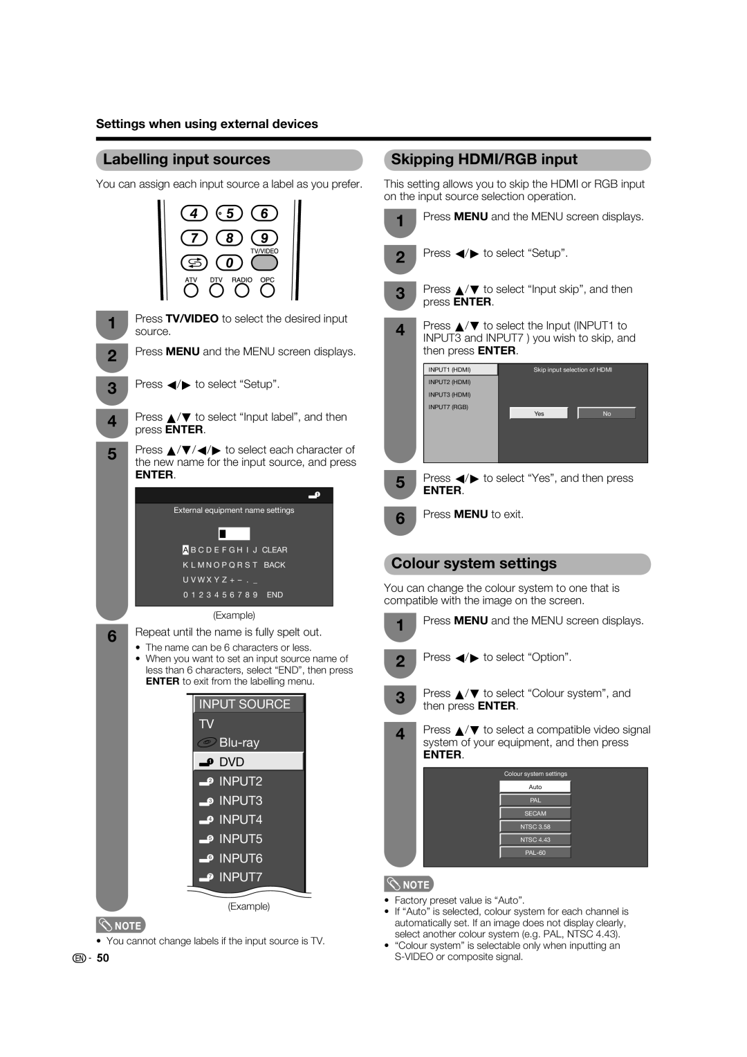 Sharp LC-46LB700X Labelling input sources, Skipping HDMI/RGB input, Colour system settings, Press Menu to exit 