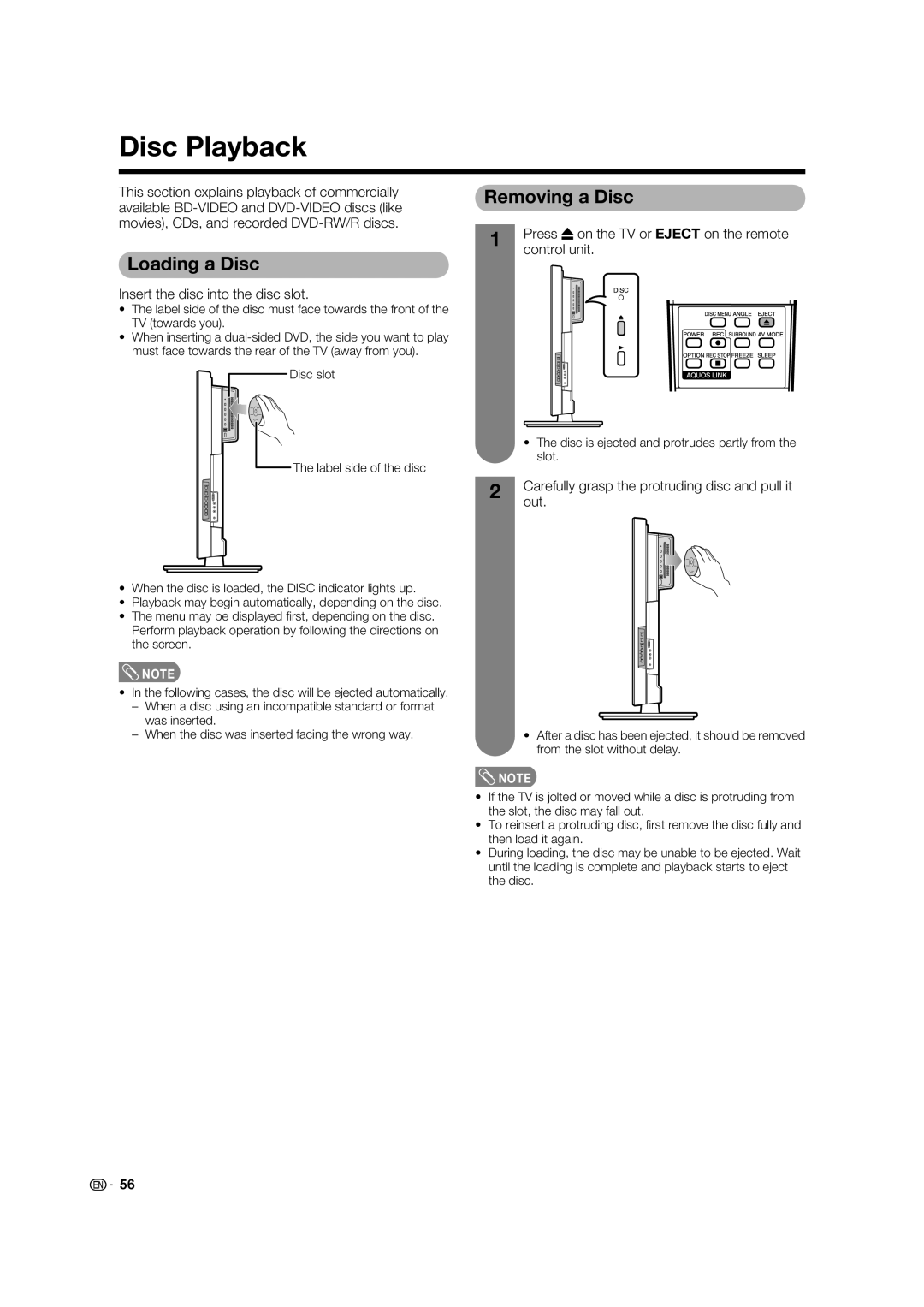 Sharp LC-46LB700X operation manual Disc Playback, Loading a Disc, Removing a Disc 