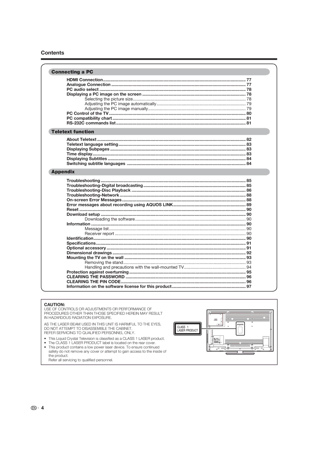 Sharp LC-46LB700X Connecting a PC, Teletext function, Appendix, Information on the software license for this product 