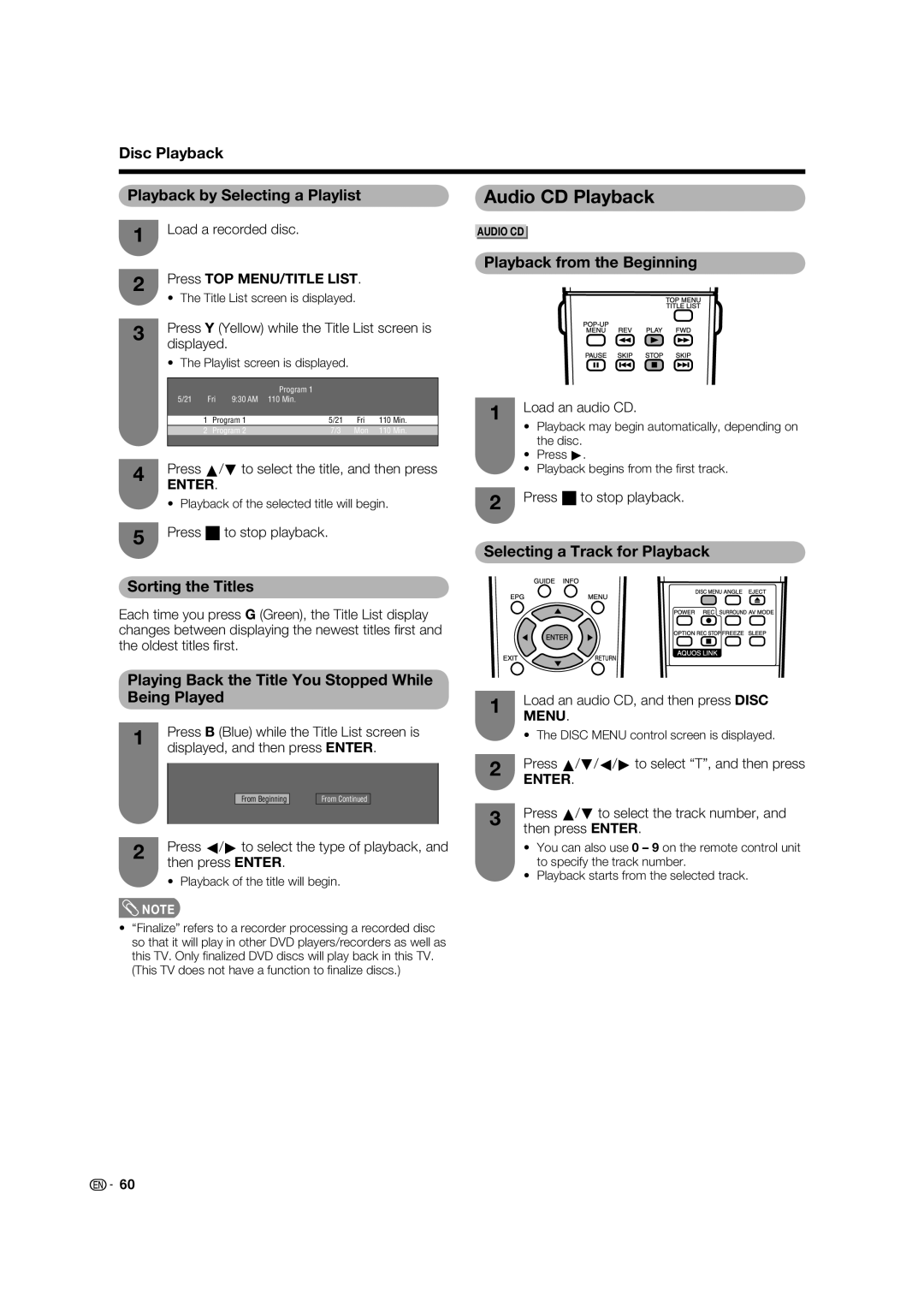 Sharp LC-46LB700X operation manual Audio CD Playback, Disc Playback Playback by Selecting a Playlist, Sorting the Titles 