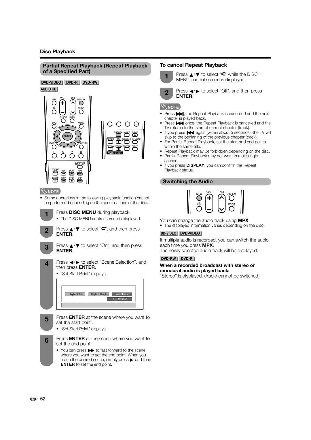 Sharp LC-46LB700X operation manual To cancel Repeat Playback, Switching the Audio 