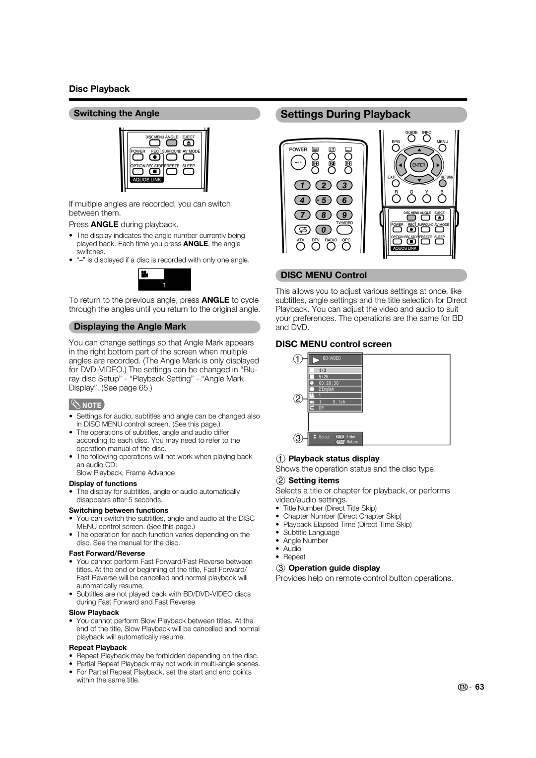 Sharp LC-46LB700X operation manual Disc Playback Switching the Angle, Displaying the Angle Mark, Disc Menu Control 