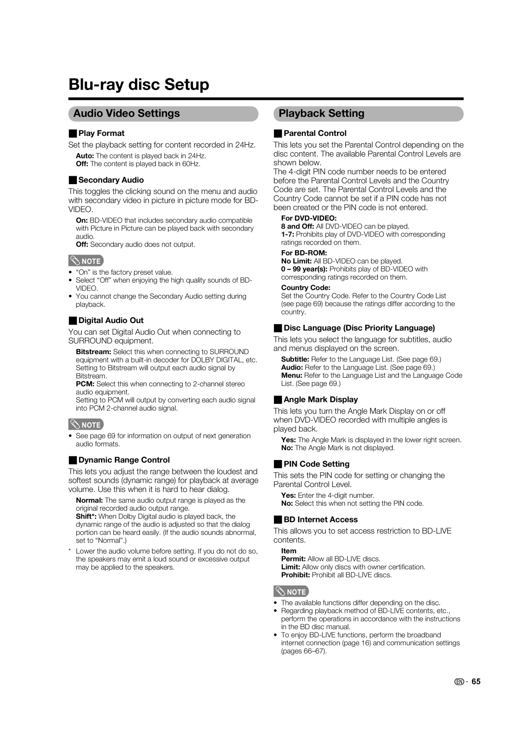 Sharp LC-46LB700X operation manual Blu-ray disc Setup, Audio Video Settings, Playback Setting 