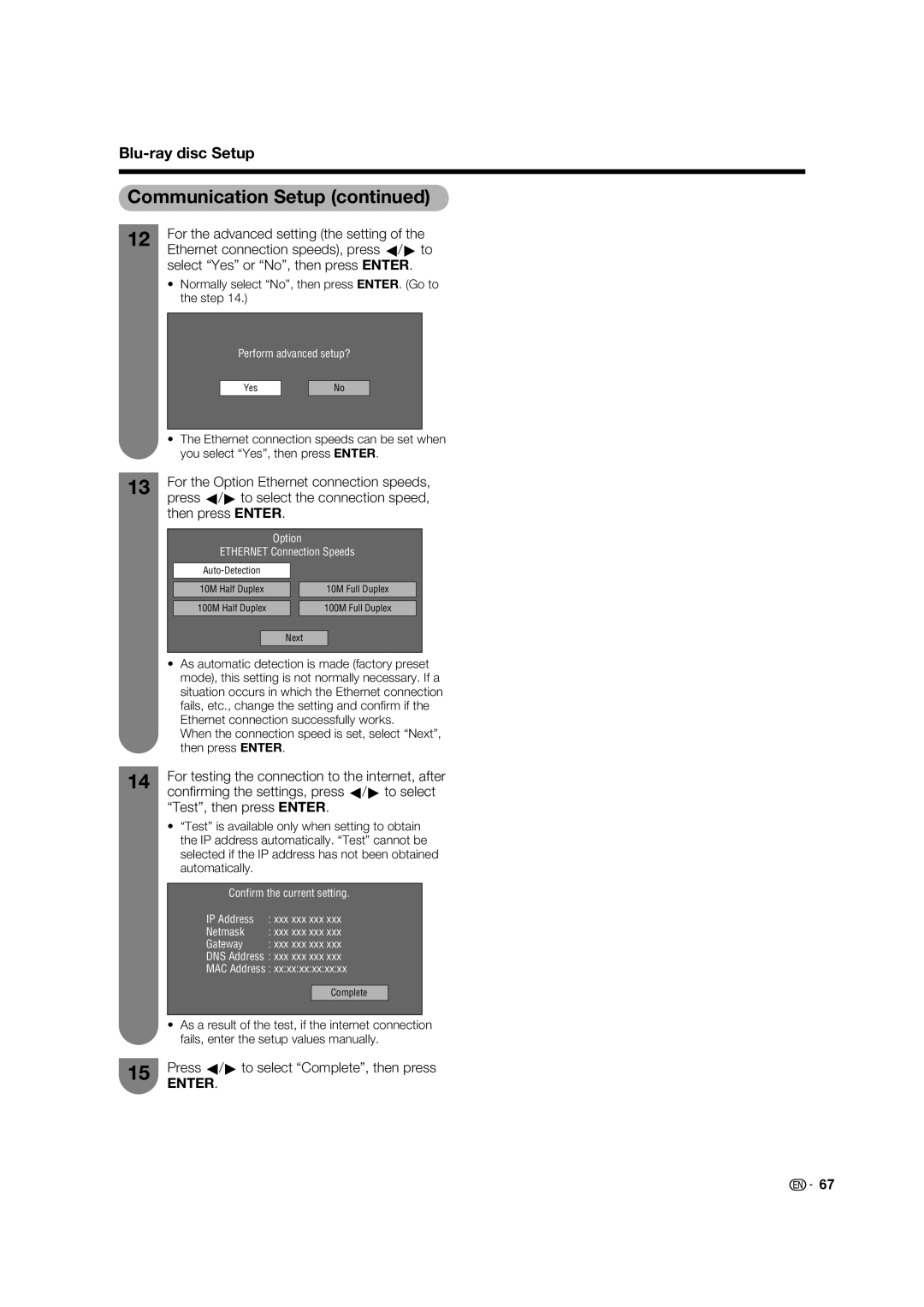 Sharp LC-46LB700X operation manual For the Option Ethernet connection speeds, Press c/d to select the connection speed 