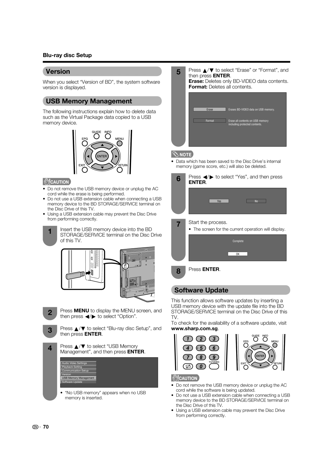 Sharp LC-46LB700X operation manual Version, USB Memory Management, Software Update, Start the process 