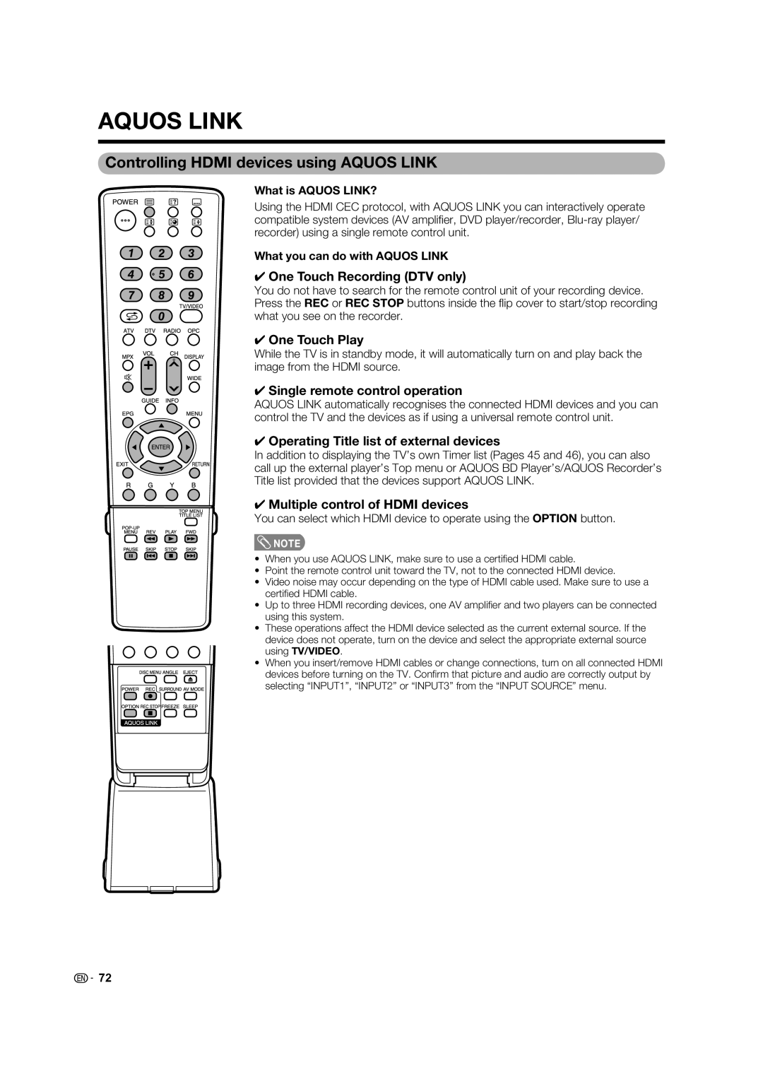 Sharp LC-46LB700X operation manual Controlling Hdmi devices using Aquos Link 