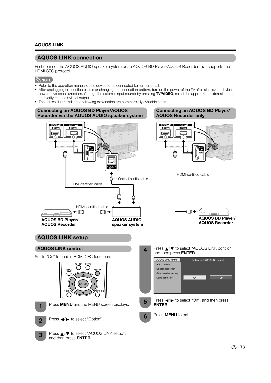 Sharp LC-46LB700X operation manual Aquos Link connection, Aquos Link setup, Aquos Link control 