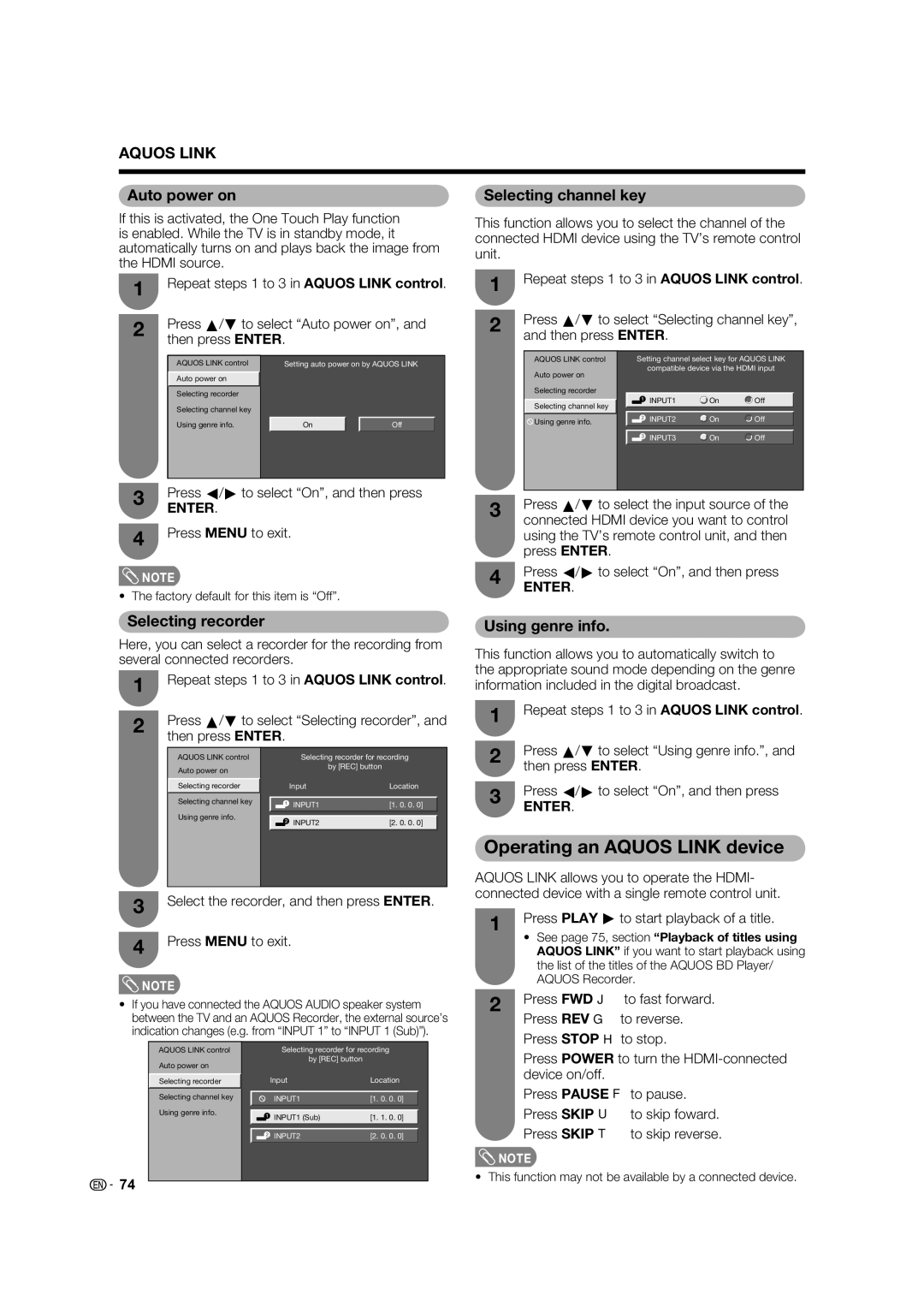 Sharp LC-46LB700X operation manual Operating an Aquos Link device, Auto power on, Selecting recorder, Using genre info 